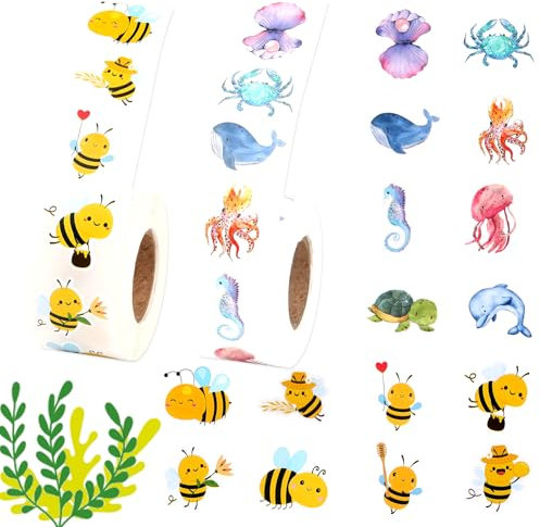 Runde Tier Aufkleber, 1000 PCS Sticker Tiere Meerestier Aufkleber, Ozean Stickers aufkleber kinder,Bienen Tier Aufkleber,Selbstklebende Cartoon Tiermotive Aufkleber für Schulprojekte, Party, Basteln