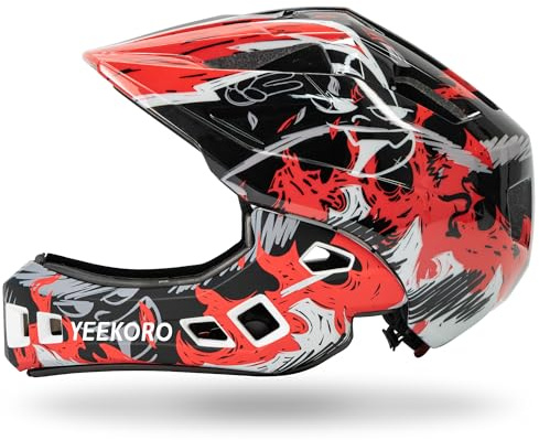 YEEKORO Kids Bike Helmet with Chin Guard, Adjustable Full Face Helmet | Multi-Sport Helmet for Girls Boys, Detachable Cycling Helmet for Scooter Skating, Safety Certified,Clean Liner, Fit 20.5-22''