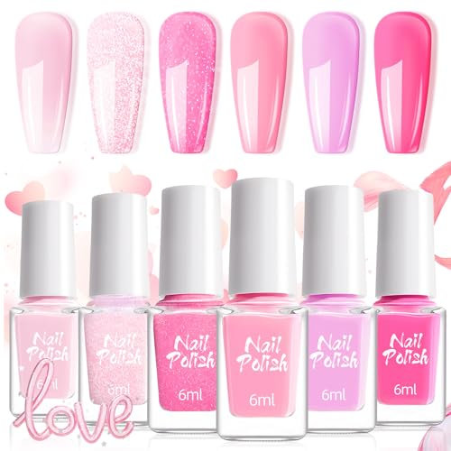 Nail Varnish Sets for Girls - 6PCS Pink Glitter Solid Color Nail Polish - Pink Seris Color Elegant Look Quick Dry Nail Varnish Set - Summer Color No Need UV