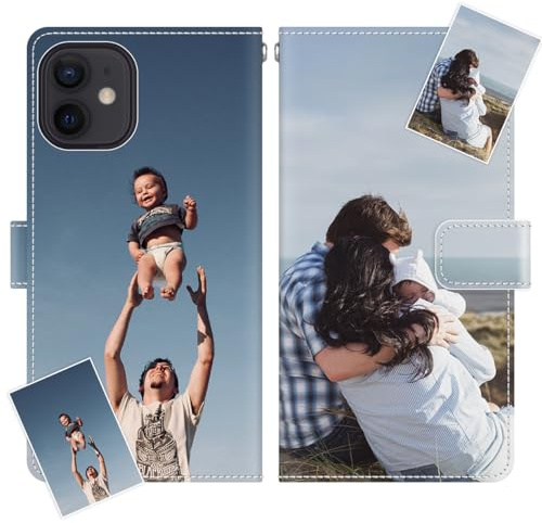 JGOYGYI Personalisierte Leder Handyhülle kompatibel mit iPhone 12 mini,Individuelle Eigenem Foto Bild Text Bildern Foldable Flip Klapphüllen Case hülle+Handykette