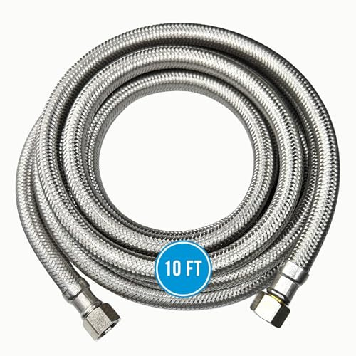 10 FT Braided Stainless Steel Water Supply Line Hose - 3/8 Inch x 3/8 Inch Compression Connections - Extra Long Dishwasher Water Hose, Faucet Supply Line Hose (10 Foot)