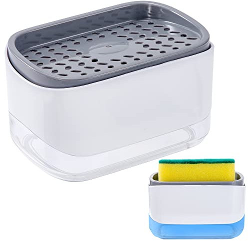 Tunejoy Distributeur de Savon Liquide avec Porte-éponge Rechargeable Distributeur de Savon à Vaisselle 2 en 1 pour Cuisine de Pompe à Main 350 ML
