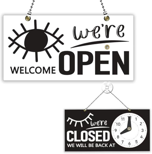 PLIGREAT Cartello di benvenuto aperto chiuso design occhi creativi su entrambi i lati aperto segno chiuso orario di lavoro targa da appendere per negozio al dettaglio bar panetteria decorazione da