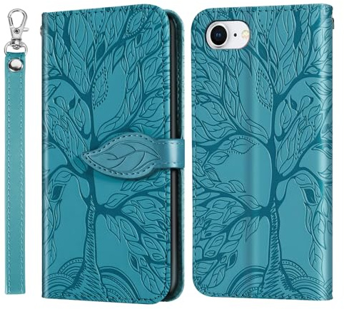 Vkooer Hülle für iPhone 16e Handyhülle [6,1 Zoll] Leicht PU Leder Klapphülle Flip Brieftasche Magnetische Case mit Kartentasche Standfunktion, Baum des Lebens Schutzhülle für iPhone 16e, Türkis