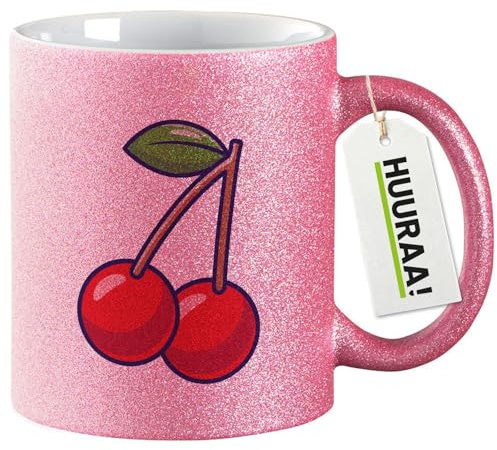 Huuraa Glitzertasse Kirsche Comic Geschenk | Motivtasse 330ml Glitzer Tasse mit Spruch Pink Keramik Kaffeebecher Geschenkidee Pinker Glitter Becher mit Motiv