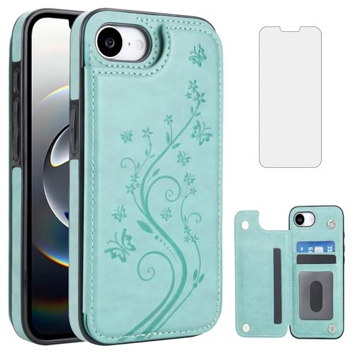 Phone Case for iPhone 16e/SE 2025/SE 4 with Tempered Glass Screen Protector and Card Holder Wallet Cover Stand Flip Leather Cell Accessories i Phone16e i16e 16 e SE4 4th Generation 16eCase Green