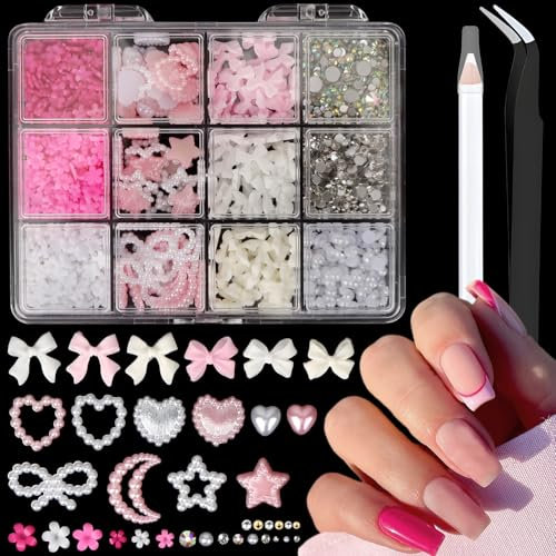 MOTIBACK 12 Grid Pearl Nail Charms,3D Nail Decorations with Pink Bow Acrylic Flowers Flatback Pearls Gems Rhinestones, DIY Craft Manicure Supplies for Women