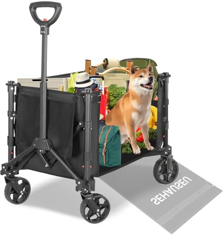 SEHAUSEU Campingwagen Klappwagen mit Bremsen Strandwagen auf Großen All-Terrain-Rädern Versenkbarer Griff Gartenwagen Heavy Duty 600D, 120L 100kg für Einkaufen Picknick Camping Transport