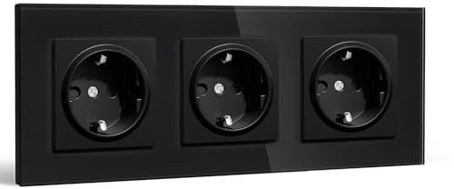 BSEEDLIFE Schuko Steckdose Unterputz EU Standard, 86 * 228mm Wandsteckdose 16A mit Glasrahmen, Einfach Installation, Klappkrallen, Typ F Steckdose mit Erdung，3-Fach Schwarz