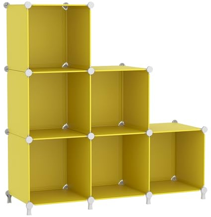 AWTATOS Würfel Aufbewahrungs Organizer, 6 Würfelregale mit Holzhammer, Gelb | DIY Schrank, Modulares Lagerregal, Bücherregal, Kunststoff, Quadratisch, Aufbewahrungsregal für Zuhause, Schlafzimmer Gelb