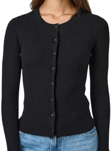 Springcmy Women Slim Fitted Fall Winter Cardigan Sweater Button Up Long Sleeve Ribbed Knit Shirt Y2k Going Out Tops Knitwear (C Black, S)
