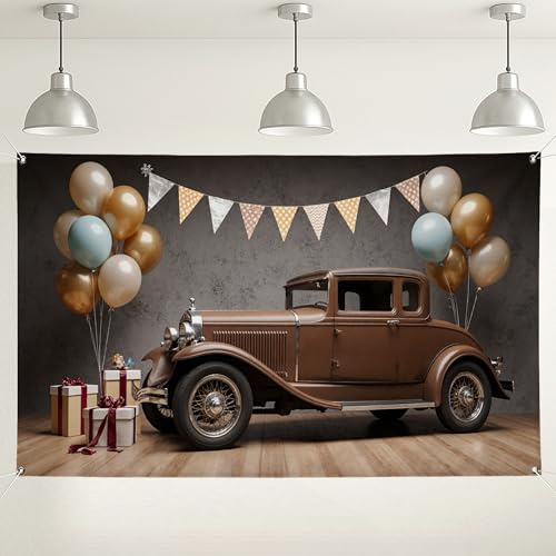Vintage-Auto-Hintergrund, Retro-Party-Dekorationen mit Luftballons und Bannern, brauner Hintergrund für Innen- und Außenbereich, für Fotografie, Geburtstag, Feiern, 180 x 109 cm