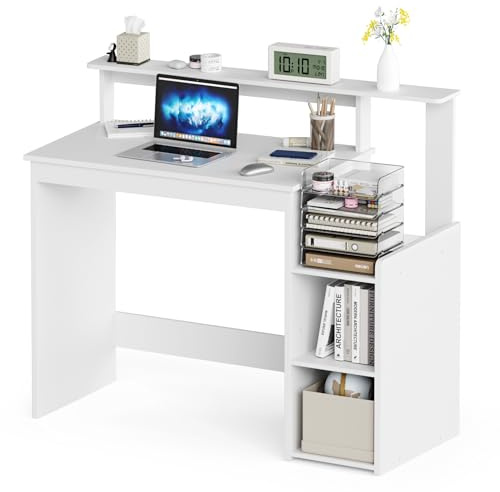 Mondeer Schreibtisch, Computertisch mit Verstellbares Ablage, Kompakt Bürotisch mit Monitorständer, 110 x 48 x 93 cm, für Arbeitszimmer Büro Schlafzimmer, Weiß