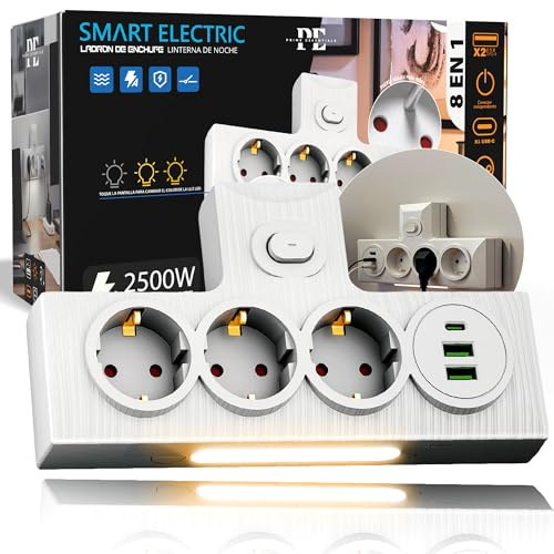 PRIME ESSENTIALS® Ladron Enchufes 8 en 1 I Enchufes Modulares 4000W + 3 Tomas CA + 2 USB + 1 USB-C I Regletas-Enchufe Múltiple con Luz LED + Interruptor para Hogar, Oficna y Viajes.