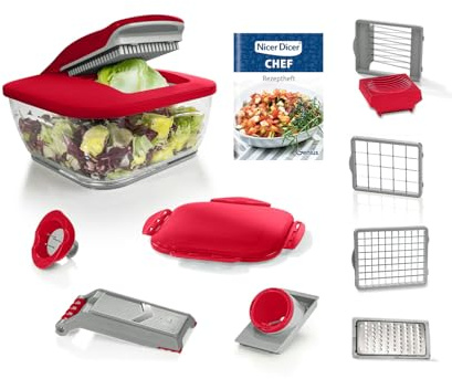 Genius Nicer Dicer Chef Gemüseschneider Gemüsehobel 15 tlg, Gemüse Schneider, Spiralschneider, Reibe für Gemüse und Käse, Multizerkleiner, Gurkenhobel, Vegetable Chopper, Rot