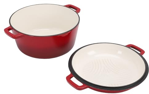 PUSOKEI Pentola Versatile in Ghisa 5QT con Coperchio per Padella per Brasare, Friggere, Stufare, 10,6x2,0x8,0 Pollici Forno Rotondo 2 in 1, Ideale per Pasti Abbondanti