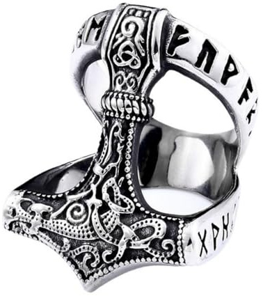 keigtuxh Viking Thor's Hammer Ring for Men, Stainless Steel Norse Rune Mjolnir Ring, Vintage Amulet Jewelry, Size 7-12