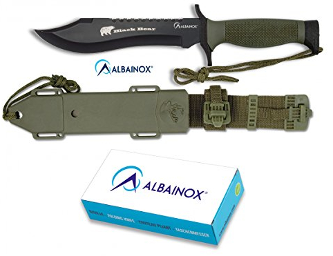 Albainox Coltello da Caccia Nero con Fodero in Plastica Impermeabile, Lama di 18 cm e Manico Antiscivolo