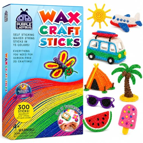 PURPLE LADYBUG 300 PCS Bendable Wax Craft Sticks, Imagination Sticks for Kids, Road Trip Essentials, Travel Toys for Toddlers in Car, Airplane Activities for Kids Ages 4-8, Camping & Summer Essentials