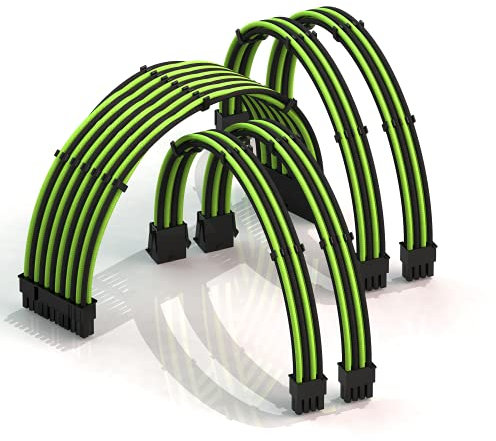 LINKUP - AVA 50cm PSU Kabelverlängerung Ummantelt GPU Nach Maß PC Stromversorgung mit Kamm-Kit | 1x 24 P (20+4) | 2X 8 P (4+4) CPU | 2X 8 P (6+2) GPU Set | 500mm - Grün Shwarz