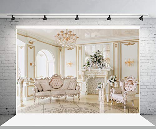 AOFOTO 3 x 2,4 m Luxus Inneneinrichtung Hintergrund Royal Kronleuchter Stuhl Sofa Kaminsims Blume Fotografie Hintergrund Elegant Aristokratische Innendekoration Fotostudio Requisiten Vinyltapete