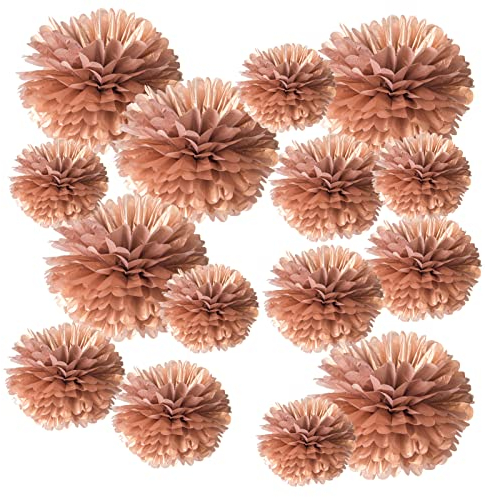 EASY JOY Seidenpapier Pompons Deko, 15er Set Hochzeitsdeko Lampions Pompoms Vintage Party Taufe Konfirmation Geburtstag Hochzeit Valentinstag Deko (5 * 15cm, 5 * 20cm, 5 * 25cm)(Rosa) (Rosegold)