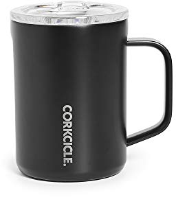 Corkcicle Origins Travel Coffee Mug - Triple Insulated Stainless Steel Cup with Handle for Tea, Hot Chocolate, Coffees, & More - Spill Proof, Reusable, Dishwasher Safe - Matte Black, 475ml/16oz