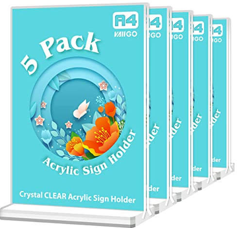 VAIIGO A4 Acrylic Sign Holder - A4 Perspex Display Stand, Double Sided Poster Menu Holder for Table, Restaurant, Hotel, Store, Office, Bar, Menu, Promotions, Documents Sign Holder (Clear, 5Pack)