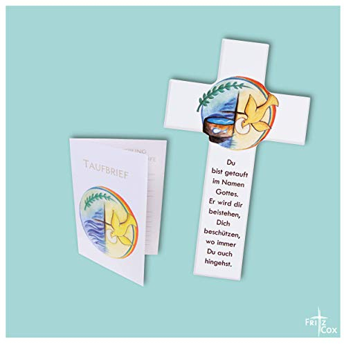 FRITZ COX® - Holzkreuz zur Taufe - perfektes Taufgeschenk (20cm, weiß, mit Taufbrief)
