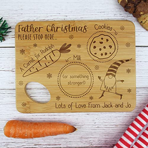 eBuyGB Small Personalised Christmas Eve Board, Father Christmas Please Stop Here, Santa Claus, Reindeer Treat Plate, Wooden Snack Tray