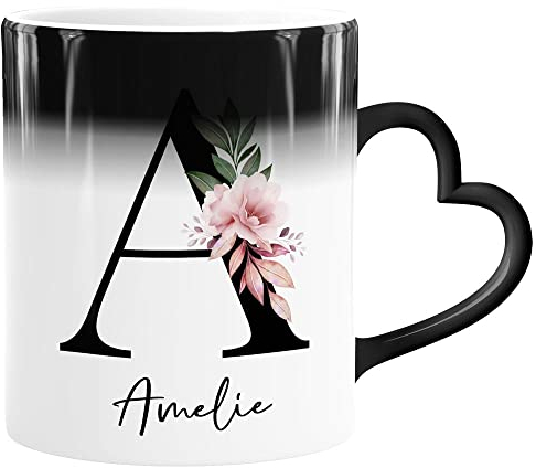 SpecialMe® Kaffee-Tasse Farbwechsel mit Buchstabe Initiale Monogramm personalisiert Namen Rosen-Motiv persönliche Geschenke weiß Magic-Herz-Tasse