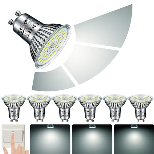 EACLL GU10 LED Kaltweiss 10W 3-Stufen Dimmbar über Lichtschalter, 6 Stück. 1150 Lumen 6000K Ersetzt 125W, 3 Helligkeitsstufen mit Memory-Funktion, 3-in-1 Flimmerfrei Reflektorlampe, Dimmen ohne Dimmer