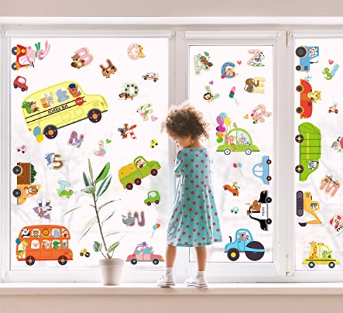 WandSticker4U®- [62 Stück] Fensterbilder Kinder TIERE & AUTO & BUCHSTABEN selbstklebend I Fenstersticker Junge Baustelle Fahrzeuge Bagger I Fensteraufkleber Fensterdeko Kinderzimmer Frühling Sommer