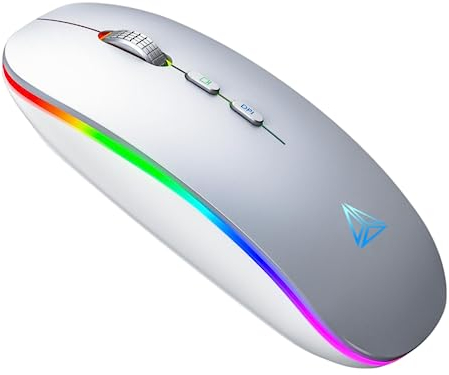 LED Bluetooth Mouse, Rechargeable Bluetooth (BT 5.1+2.4G) Wireless Mouse, Silent Computer Mice for Laptop Desktop, MacBook, Windows, Mac OS,Silver