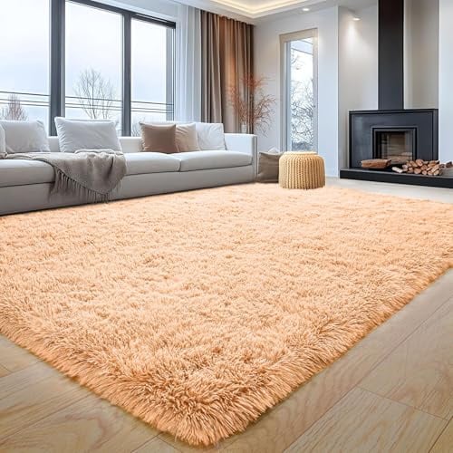 Aspire Homeware Beige Fluffy Bedroom Rug – Large Area Rugs 200x290 cm Living Room Lounge Plush Carpet Modern Soft Shaggy Pile Faux Fur Rug for Home