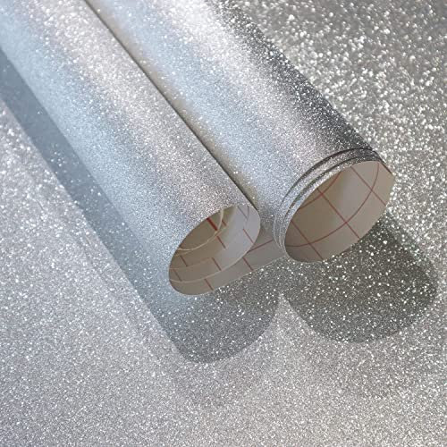 CiCiwind Peel and Stick Wallpaper Glitter Silver Contact Paper 44×500CM Self Adhesive Wallpaper Sticky Back Plastic Removable Vinyl Wrap Cabinet Furniture Countertop DIY Decorative Paper