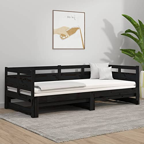 Yolola Schlafsofa,Schlafcouch,tagesbett ausziehbar,tagesbett,Jugendbett,Gästebett,Bettsofa,Doppel-Bett, Kiefer Massivholz-Schwarz-90 x 190 cm
