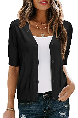 Arach&Cloz Short Sleeve Cardigans for Women UK Elegant Bolero Summer Cropped Shrugs with Buttons Dress Coverup Knit Top (Black, L)