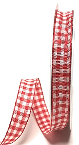 s.dekoda Schleifenband 20m x 15mm Rot - Weiß Karoband kariert Vichykaro Dekoband mit Draht [3850]