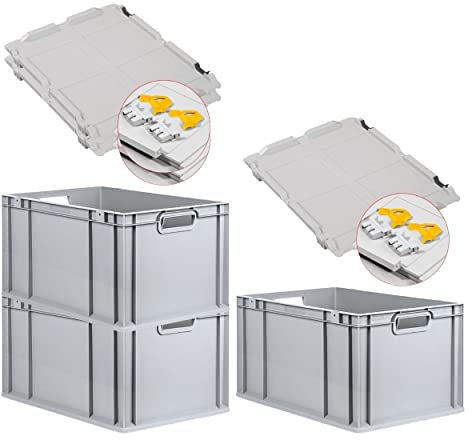 PROREGAL SuperSparSet 3x Eurobox NextGen Grip mit Scharnierdeckel und gelben Schiebeschnappverschlüssen, HxBxT 32x40x60cm, 65 L, Grau, Griffe offen, Eurobehälter, Transportbox