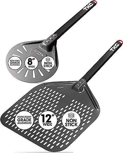 TKC Perforierte Pizzaschaufel, 30,5 cm, 20,3 cm, professioneller Pizzaschieber aus Aluminium, langer Griff, Metall-Pizza-Spatel für drinnen und draußen, leichter Antihaft-Pizzawender –