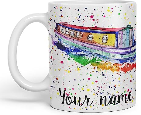 Vixar Personalised with Your Text Narrowboat Canal Boat Watercolour Art Coloured Ceramic Mug Cup Gift 330ml 11oz Custom Work Office Tea Coffee (White)