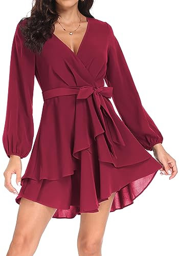 PCEAIIH Women's Cocktail Dresses Short/Long Sleeve Empire Skater Dress Deep V-Neck Waist Tie Ruffle Mini Swing Dresses XL Wine Red