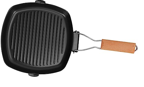 Zerodis Frying Pan, Non-stick Cast Iron Folding Pan Easy to Clean Anti-scalding Wooden Handle with Oil Leak Hole for Camping (24cm / 9.4in)