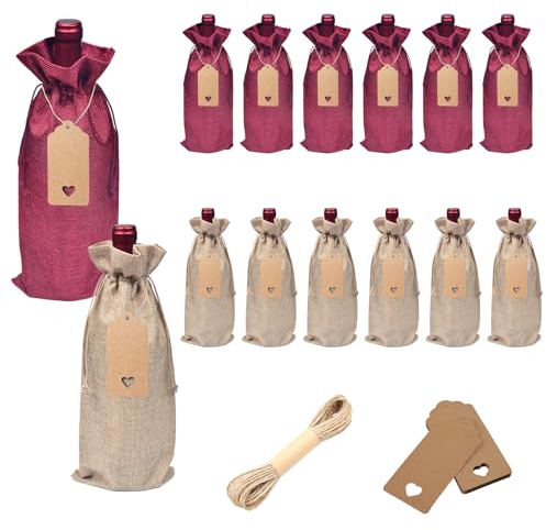 Borsa Porta Bottiglie di Vino in Juta, FainFun 750ml Sacchetti per Bottiglie di Vino Bianchi, 12 Pezzi Sacchetti Regalo per Bottiglie Mini, Sacchetto Bottiglie Vino, per Olio, Feste (Burgund + Hanf)
