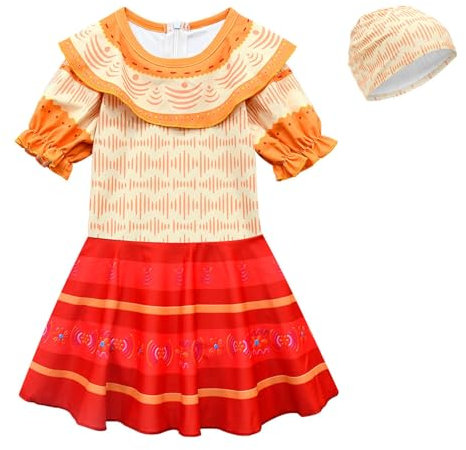 YOSICIL Encanto Mirabel Isabella Badeanzug Sommer Kostüm Badekappe Schnell Trocknende Bikini Kinder Mädchen Pool Strandurlaub Surfe Strand Badenanzug Schwimm, Orange, 140
