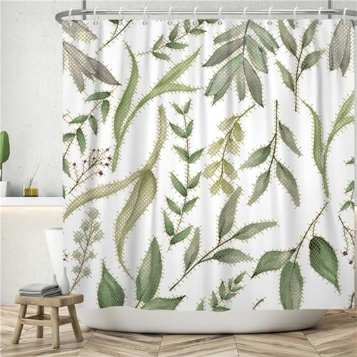 Duschvorhang 200x240cm Grüner Nordischer Stil Duschrollo für Badewanne Vorhang Outdoor Duschvorhänge Anti Schimmel Wasserdicht Polyester Duschtrennwand Badezimmer Dusche mit 12 Duschvorhangringe Z395