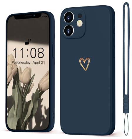 Mitetabo für iPhone 12 Mini Hülle Gold Liebesherz, Handyhülle iPhone 12 Mini Mädchen Case Weich Silikon Slim Stoßfest Kratzfeste Süßes Gold Love Schutzhülle für iPhone 12 Mini 5.4 Marineblau