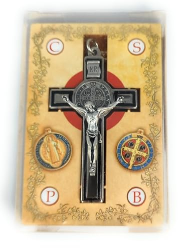 OVUNQUE PROTEGGIMI Kreuz des Heiligen Benediktus, 8 cm, mit schwarzem Emaille, silberfarben, Kruzifix Exorzismus, Medaille St. Benedikt.