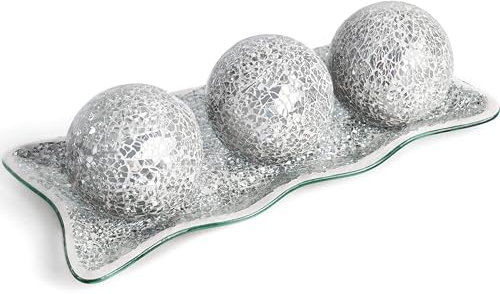 JOHOUSE Dekorative Kugeln mit Tablett, 7,6 cm, silberfarbene Glaskugeln für Tafelaufsatz, Schalen, Mosaikkugel für Heimdekoration, Esstisch, 3 Stück